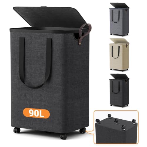 Laundry Basket with 5 Wheels, Tall Dirty Laundry Hamper, Rolling Laundry Basket with Lid, Large 90L Collapsible Clothes Hamper for Laundry Room Bedroom Bathroom Dorm, Deep Gray - color: Deep Gray, size: 90L