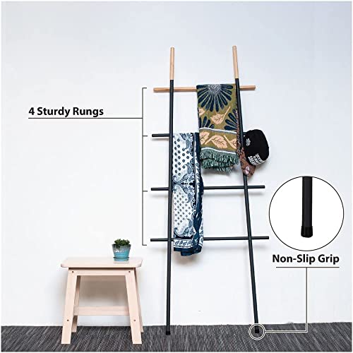 Freestanding Towel Ladder Rack, Space Saving, No-Scratch Wood, for Household Use (Black) - color: Black