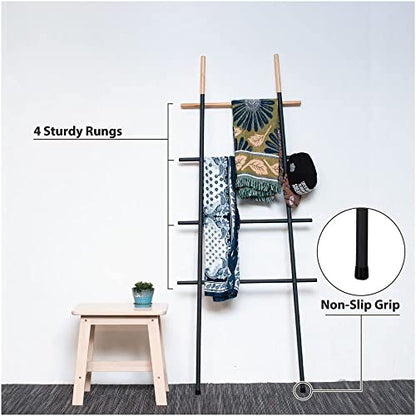Freestanding Towel Ladder Rack, Space Saving, No-Scratch Wood, for Household Use (Black) - color: Black