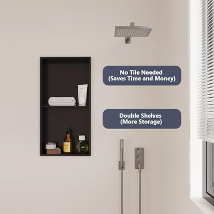 Stainless Steel Shower Niche with Shelf | 12" x 24" No Tile Needed Recessed Wall Niche for Shower Wall Bathroom Storage Insert Installation (Matte Black)
