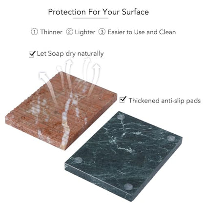 2pcs Marble Soap Dish Set Bar Soap Sponge Holder Tray for Bathroom Kitchen | Real Stone | Multi-Color Set | Non-slip | Hand-made Draining Grooves | Keep Soap Dry | Easy to Clean