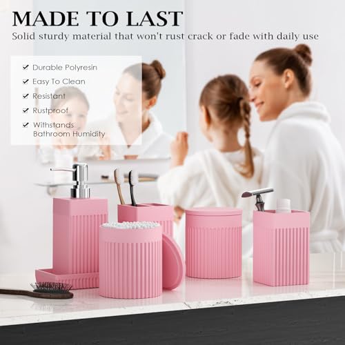 6-Piece Pink Bathroom Set - Sleek Resin Bathroom Accessories Set with Soap Dispenser, Toothbrush Holder, Vanity Tray, Tumbler & Apothecary Jars for Small Spaces - color: Pink
