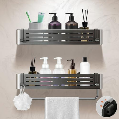 Lekesky Suction Cup Shower Caddy, No Drill Shower Shelves with a Towel Bar, Aluminum Rust Proof Bathroom Shower Organizer with 12 Hooks (2-Pack, Gunmetal Gray) - color: Gunmetal Grey1