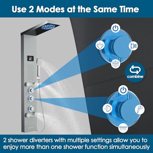 ROVOGO LED Shower Panel Tower With Lights & Digital Display, Water Powered | Rain Mist Shower Head, Handheld, 5 Body Jets, Tub Spout, Hydroelectric Shower Column Stainless Steel W/ Brass Valves, Brushed - style: 6-Function-Brushed-Water Powered