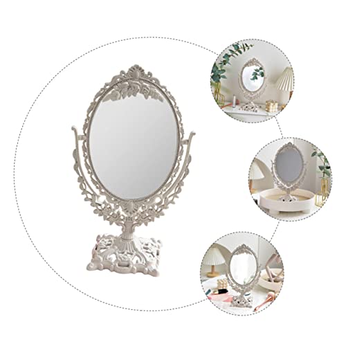 1pc Double Sided Princess Mirror Cosmetic Mirror Princess Makeup Round Stand Lighted Girl Makeup Antique Tabletop Vintage Stand Wheat Straw Beige