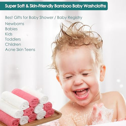 JEFFSUN Baby Washcloths 12 Pack,Super Soft Face Towels,10''x10'',White+Pink | 100% Viscose,Gently Wash Face and Body,Skin Friendly,Easy Rinsed,Hanging Loop,Quick Dry,Newborn Kid Toddler Bath Shower Gifts - color: White & Pink, size: 10x10 inch-12 Pack