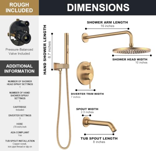 Lava Odoro Modern 3-Setting Bathtub and Shower Faucet, Gold Rainfall Tub Shower Faucet Set Shower Head and Handle Set, Tub Shower Valve Trim Kit, 10 Inch, Champagne Gold, SF104-CB-T - color: Champagne Gold, style: With Tub Spout