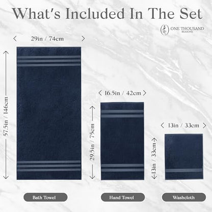Premium Staple Cotton Bathroom Towel Set - Navy 600 GSM 6-Piece Luxury Bath Towel Set 3 Stripe - 2 Bath Towels, 2 Hand Towels & 2 Washclothes Set - High Absorbent & Quick Dry for Gym, Spa, Hotel - color: Navy - 3 Stripe