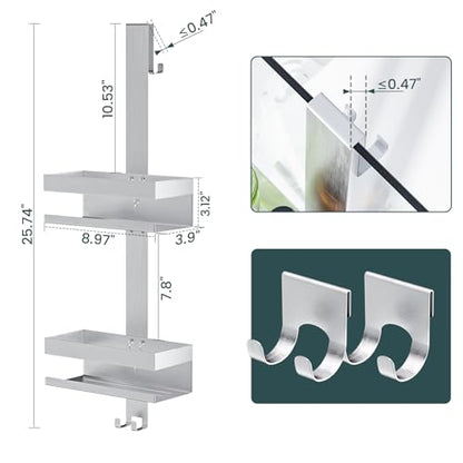 Over Door Shower Caddy Hanging - Rustproof Bathroom Organizer Over The Glass Door - No Drilling 2 Tier Bathroom Shower Rack for Inside