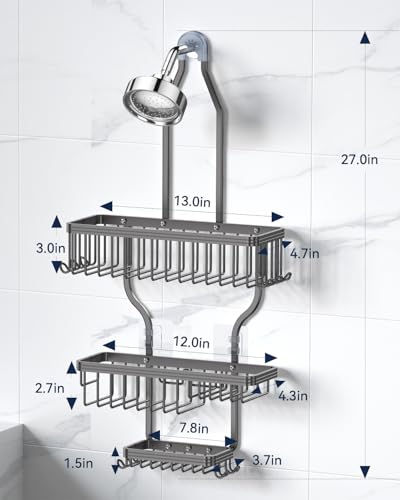 Never Rust Shower Caddy Hanging, Aluminum Shower Racks for Inside Shower, 3-Tier Shower Organizer Hanging Over Shower Head with Hooks and Soap Holder, Grey - color: Grey