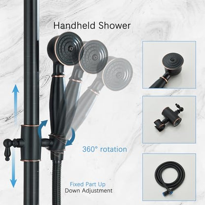 Rain Shower System Oil Rubbed Bronze Outdoor Shower Faucet Set with 8 Inch Rainfall Shower Head Handheld Spray 2 Cross Handles Wall Mounted Bathroom Shower Fixtures Solid Brass - color: Oil Rubbed Bronze, style: Two Modes