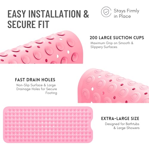 Non-Slip Bathtub Mat – 39"x15.5" Extra Long Shower Mat with Powerful Suction Cups & Drain Holes, Machine Washable Bath Mat for Tub, Foot Massage Texture, Helps Keep Tubs Clean, Pink - color: Pink
