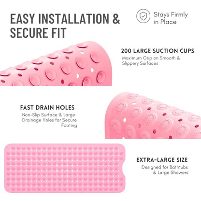 Non-Slip Bathtub Mat – 39"x15.5" Extra Long Shower Mat with Powerful Suction Cups & Drain Holes, Machine Washable Bath Mat for Tub, Foot Massage Texture, Helps Keep Tubs Clean, Pink - color: Pink