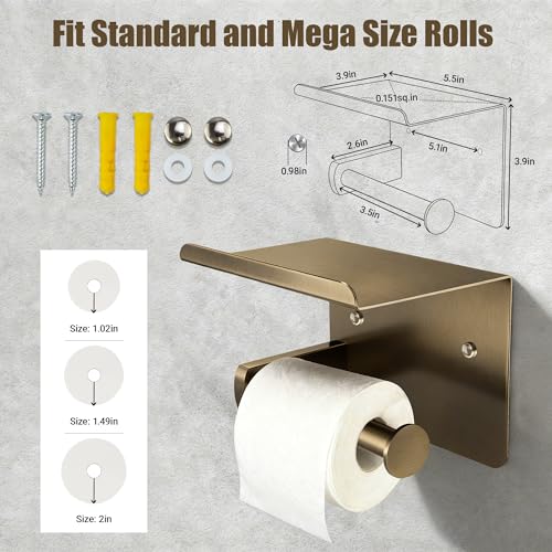 Bronze Toilet Paper Holder with Shelf, SUS304 Stainless Steel Rustproof Wall Mount Toilet Paper Roll Holder, Screw Bathroom Toilet Paper Holder for Kitchen, Washroom, RV - color: Bronze