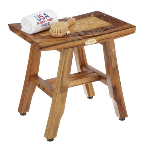 EcoDecors® Satori® 14" Solid Teak Shower Bench, Water-Resistant Bath Stool with Adjustable Feet, EarthyTeak Finish, Indoor/Outdoor Use - size: 14" L x 10" W x 14" H