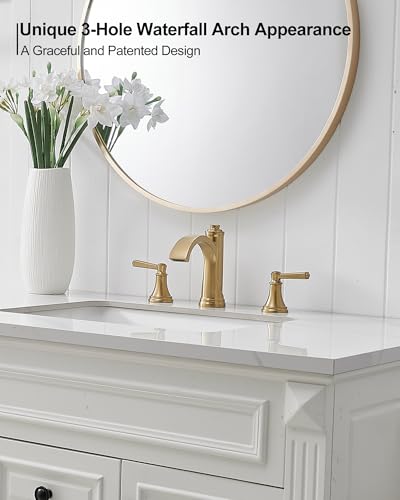 Brass Bathroom Waterfall Faucet, 4-16 Inch Brushed Gold Bathroom Faucet Widespread Bathroom Sink Faucet, 2 Handles Bathroom Faucets for Sink 3 Hole with Pop Up Drain, Water Hoses - color: Brushed Gold