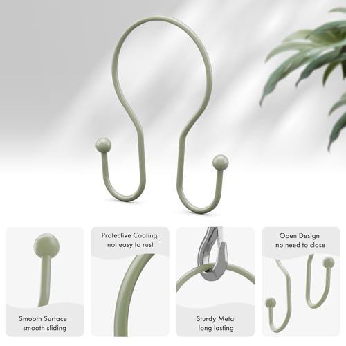 AmazerBath Shower Curtain Hooks Sage Green Shower Curtain Rings, Simple Double Hook Shower Curtain Hooks Rust Proof, Smooth Sturdy Metal Shower Hooks for Shower Curtain Rod, 12 Pcs Shower Rod Hooks - color: Sage Green, style: Minimalist - Double Shower Ho