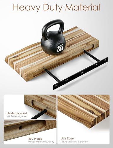 BATODA Acacia Live Edge Floating Shelves, Wall Mounted, 17", Set of 2 Pcs | Assembly Required, Hardware Included, Floating Style, Hidden Bracket, Fit Small Spaces, 100LBS Capacity Each, Rustic Style - color: Natural, size: 17 Inch Length