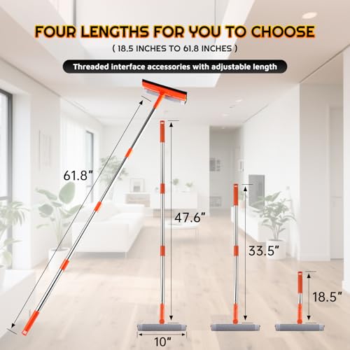 2-in-1 Window Squeegee with 62" Pole — Streak-Free & Sponge Scrubber | No ladder for high windows, skylights, shower doors, car & RV windshields, tile. Orange. Stainless pole sponge scrubber.