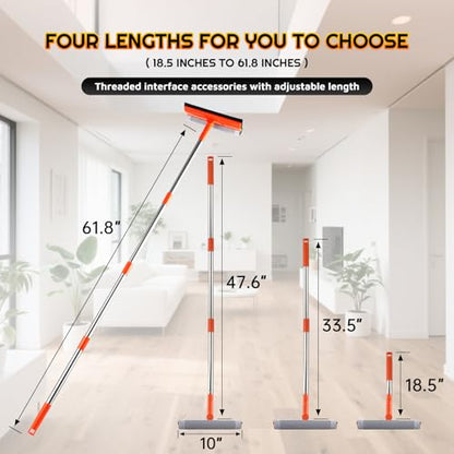 2-in-1 Window Squeegee with 62" Pole — Streak-Free & Sponge Scrubber | No ladder for high windows, skylights, shower doors, car & RV windshields, tile. Orange. Stainless pole sponge scrubber.