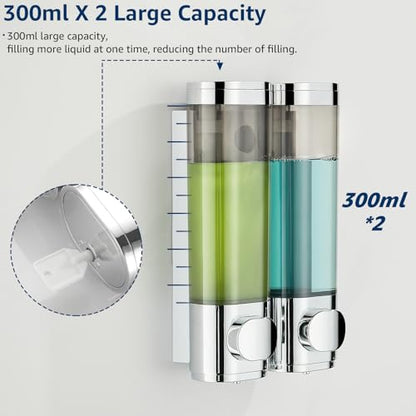 Pollock Pollock Shampoo and Conditioner Dispenser Wall Mounted | Shower Soap Dispenser 2 Chamber No Drill, Shampoo Dispenser for Shower, Body Wash Dispenser for Bathroom, Large Capacity - color: Silver Dg2 Chamber