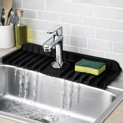Silicone Faucet Sink Mat – Non-Slip Reusable Dish Drying Sink Tray Mat Splash Guard for Kitchen Bathroom Fits RV, Countertop (Black, 13.38"×5.51"×0.59") - color: Black