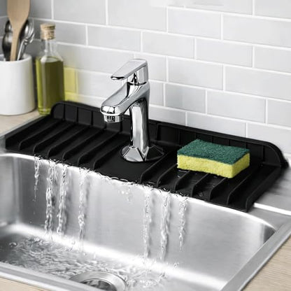Silicone Faucet Sink Mat – Non-Slip Reusable Dish Drying Sink Tray Mat Splash Guard for Kitchen Bathroom Fits RV, Countertop (Black, 13.38"×5.51"×0.59") - color: Black