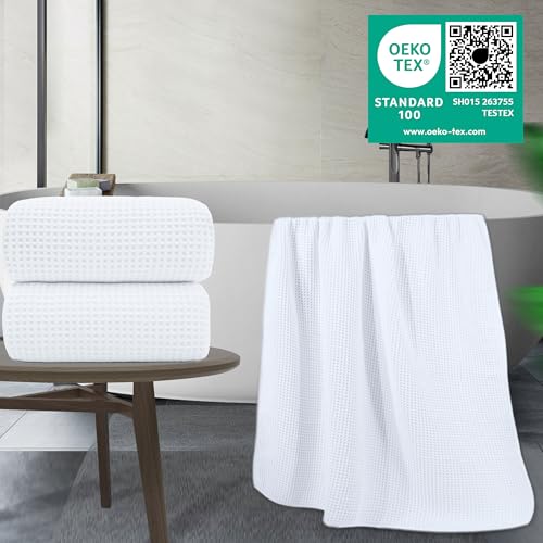 POLYTE 430 GSM Poly Blend Microfiber Waffle Bath Sheet XL Set, 35x70 in | 2 Pack, Oversize, Lint Free, Quick Dry - color: White, size: 35 x 70 in