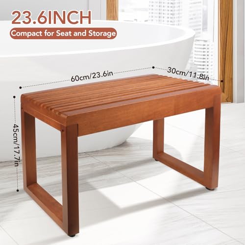 Wide Teak Shower Bench 23.6” – Heavy Duty 500 lbs Wooden Bath Stool, Comfortable Shower Seat for Shaving Legs & Elderly - size: Large