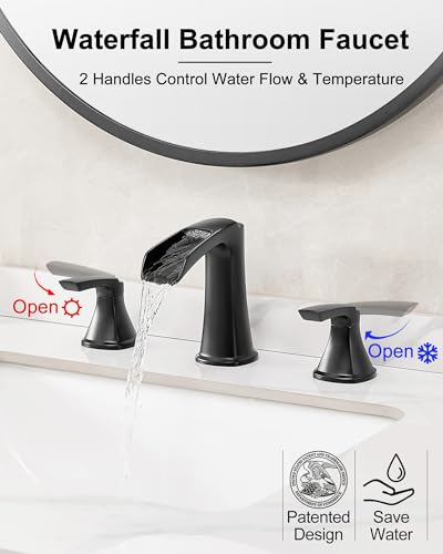 Black Widespread Bathroom Faucet, Brass Waterfall Bathroom Sink Faucet 3 Hole, 2 Handle Bathroom Faucets 8 Inch Faucet for Bathroom Sink Vanity Lavatory Farmhouse RV with Pop-up Drain & Hose - color: Matte Black