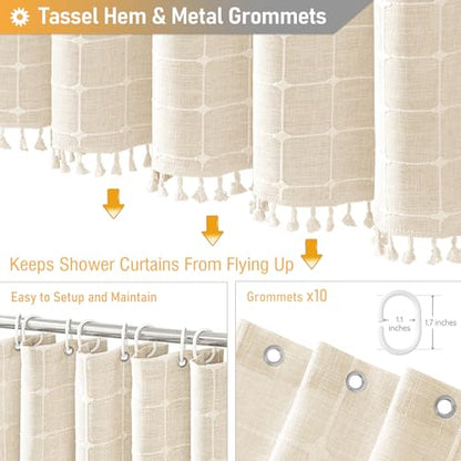 54x72 Boho Farmhouse Linen Heavy Duty Shower Curtain Set, Cream/Beige | Small Size, 330GSM Linen Blend, 3-side Tassels, Water Repellent Fabric, 10 Plastic Hooks, Rustic Bohemian, Machine Washable - color: A - Cream, size: 54"W x 72"L (Pack of 1)
