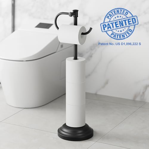 RUMOSE Toilet Paper Holder Stand for Floor, Matte Black | Bathroom Free Standing Toilet Tissue Roll Holder with Storage, Adjustable 17-25 Inch, Rustproof, SUS304 Stainless Steel - color: Matte Black