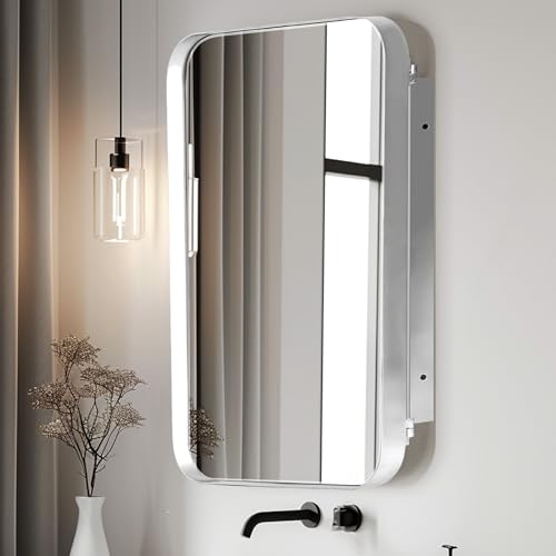 SDHYL 24x10 Inch Medicine Cabinet Mirror with 2 Storage Shelves Silver | Recessed Medicine Cabinet with Mirror for Bathroom, Wall Mounted Deep Metal Framed Rounded Corner Rectangle - color: Silver-rectangle, size: 24x16 inch