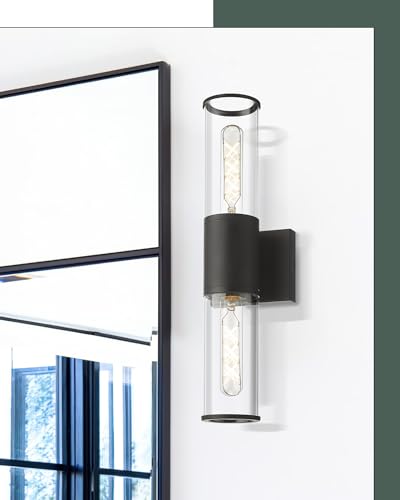 2-Pack Black Bathroom Vanity Light Fixtures, Clear Glass Shades | 2-light modern bathroom wall sconces, vertical or horizontal mount, E26 base, hardwired, bulbs not included, VL834-MB-2PK - color: Black-Clear Glass, 2-Pack