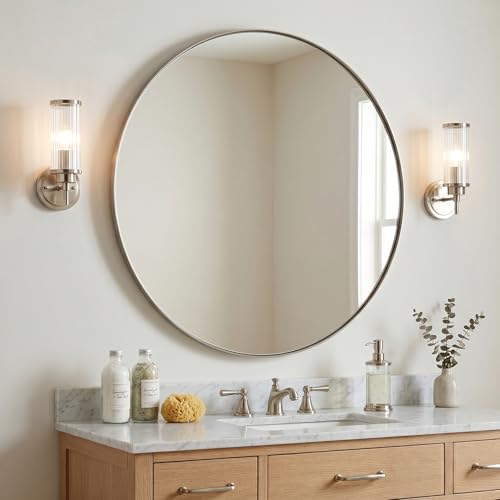ANDY STAR Circle Mirror, Large Round Brushed Nickel Bathroom Mirror, Silver Round Vanity Mirror, Seamless Thin Metal Frame, 1" Deep Wall Mounted, Perfect for Oversized Space - color: Silver, size: 40"L x 40"W