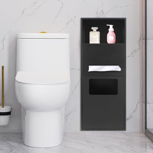 Recessed Stainless Steel Toilet Paper Holder, In-Wall Waterproof Bathroom Organizer with Trash Bin, Toilet Paper Toiletries Storage Rack 10.5 x 27 x 5.3 inches (Black) - color: Black
