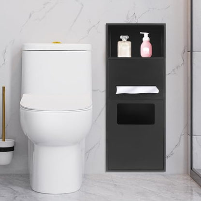 Recessed Stainless Steel Toilet Paper Holder, In-Wall Waterproof Bathroom Organizer with Trash Bin, Toilet Paper Toiletries Storage Rack 10.5 x 27 x 5.3 inches (Black) - color: Black