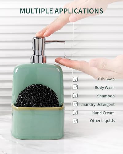 BosilunLife Dish Soap Dispenser - Sage Green Ceramic Kitchen Soap Dispenser with Sponge Holder Matte Ceramic Soap Daddy Dispenser 20oz for Kitchen Soap Pump and Sponges Caddy - color: Sage Green