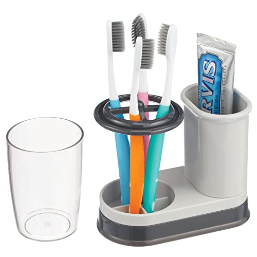mDesign Plastic Toothpaste and Toothbrush Holder Center with Cup/Cover - Organizer for Bathroom Vanity Countertop - Holds Paste, Floss, Accessories - Hyde Collection - Light Gray/Charcoal - color: Light Gray/Charcoal Gray