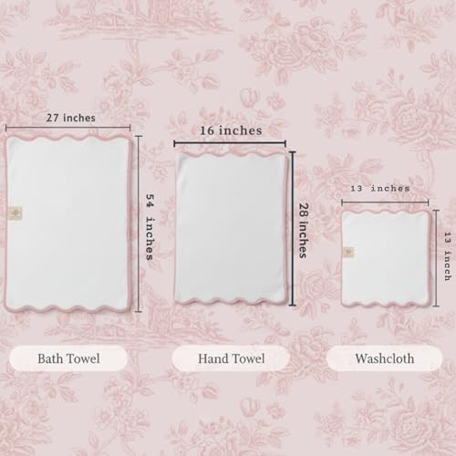 Lotus Linen Scallop Piping Towel Set of 6, 620 GSM 100% Zero Twist Cotton, 2 Bath, 2 Hand Towels, 2 Washcloths, Hanging Loops, Soft Absorbent Bathroom Essentials (Pink Piping, Towel Set (Pack of 6)) - color: Pink Piping, size: Towel Set (Pack of 6)