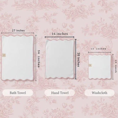Lotus Linen Scallop Piping Towel Set of 6, 620 GSM 100% Zero Twist Cotton, 2 Bath, 2 Hand Towels, 2 Washcloths, Hanging Loops, Soft Absorbent Bathroom Essentials (Pink Piping, Towel Set (Pack of 6)) - color: Pink Piping, size: Towel Set (Pack of 6)