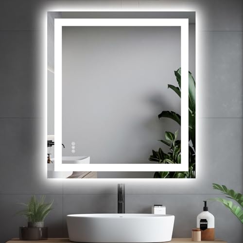 Hivone 32"X36" LED Bathroom Mirror with Lights, Anti-Fog, Dimmable, Backlit + Front Lit, Smart Bathroom Vanity Mirror, Memory Function, Shatterproof, Tempered Glass (Horizontal/Vertical) - size: 32"L x 36"W