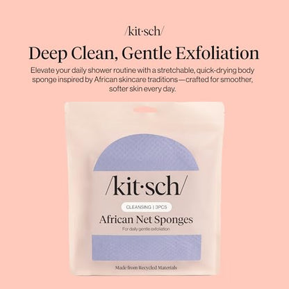 Kitsch African Net Sponge – Exfoliating Body Scrubber – Ocean Blue, 3 Pcs | for Cleansing & Gentle Daily Exfoliation – Stretchable Bath Sponge for Hard-to-Reach Areas – Long-Lasting Shower Essential - color: Ocean Blue