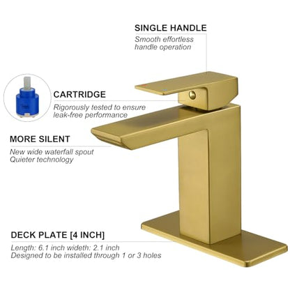 RUMOSE Bathroom Faucets 1 & 3 Hole Vanity Faucet with Drain Brushed Gold | Single Handle Bathroom Sink Faucet Set Waterfall Spout Kit with Deck Plate Rv Lavatory Basin Faucet, Stainless Steel - color: Brushed Gold