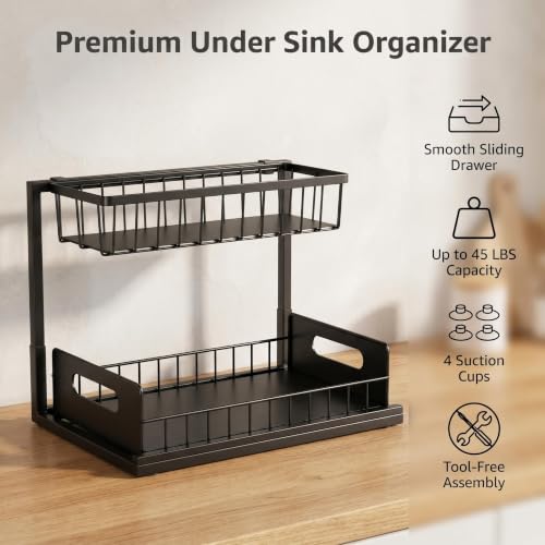 L-Shaped Under Sink Organizer, Black | 2-Tier, Slide Out Cabinet Storage, Solid Metal Handles - color: Black/White