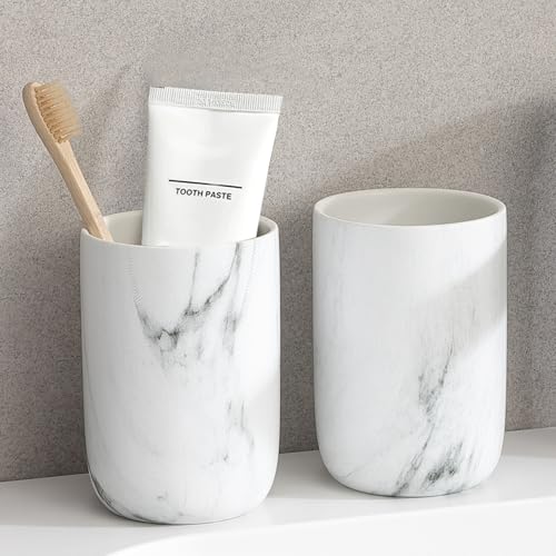 Marble Toothbrush Holders - 2 Ceramic Toothbrush Holders for Bathrooms Toothbrush Toothpaste Holders Set, White Bathroom Tumbler Cups Reusable Toothbrush Mouthwash Cup, Bathroom Counter Organizer. - color: White Marble, size: 2pcs