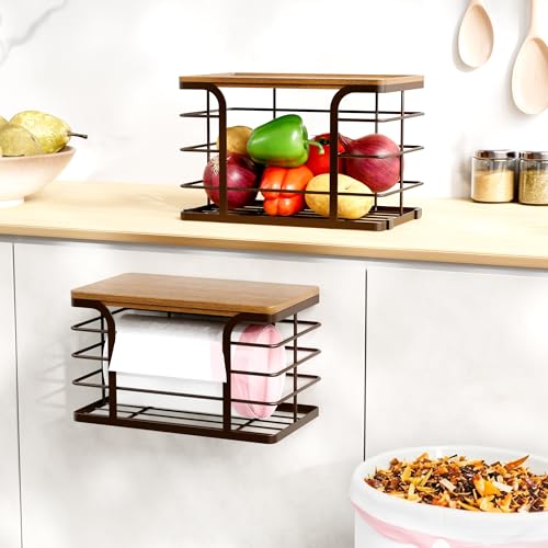 2 Pack Storage Stackable Kitchen Laundry Pantry Organizers,Wall Mount Trash Bag Holder Dispenser with Bamboo Top Countertop Organizer,Brown - color: 2 Pack-L&S Brown