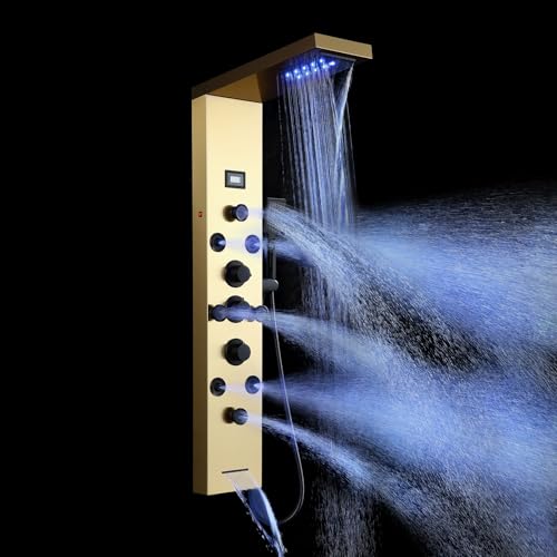 POPFLY LED Rainfall Waterfall Shower Panel Tower System, 4 Body Jets and 4 Mist Spray, 3-Function Handheld Shower, Stainless Steel Shower Tower with Temp Display, Brushed Gold - color: 8 Jets-Gold