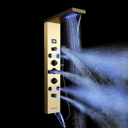 POPFLY LED Rainfall Waterfall Shower Panel Tower System, 4 Body Jets and 4 Mist Spray, 3-Function Handheld Shower, Stainless Steel Shower Tower with Temp Display, Brushed Gold - color: 8 Jets-Gold