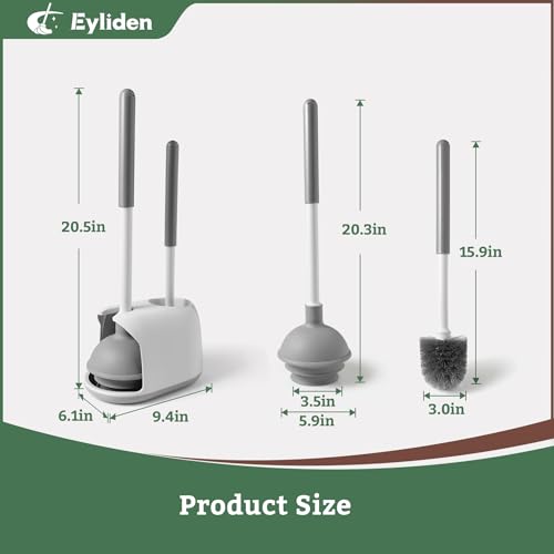 Eyliden Toilet Plunger & Brush Set, 3-Step Suction Cup, Compact Caddy | Space-Saving Toilet Deep Cleaning Combo with Holder, Ultra-Tight Seal, Durable, Nylon Bristles, Bathroom Essentials